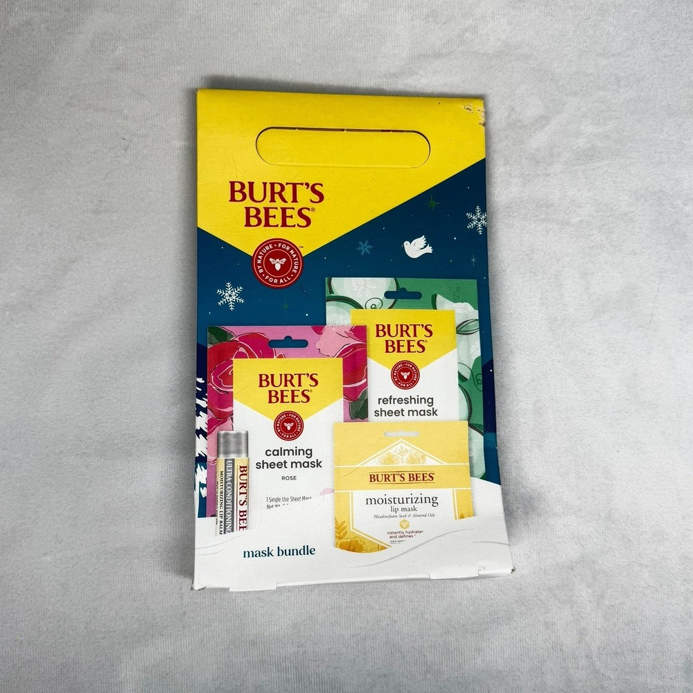 Burt's Bees Mask Bundle 4-Piece Gift Set Lip Balm Sheet Masks Rose Cucumber